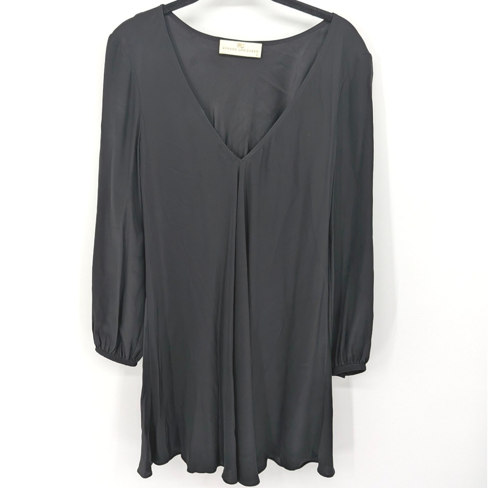 Amanda Uprichard Silk Dress Womens Small Black Long Sleeve V‎ Neck Mini Cocktail